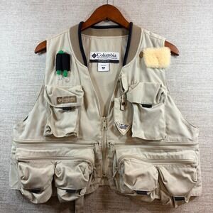 Columbia PFG Mens Fishing Vest Tan Khaki Multi Pocket Utility Fly Vest FM1000 SM